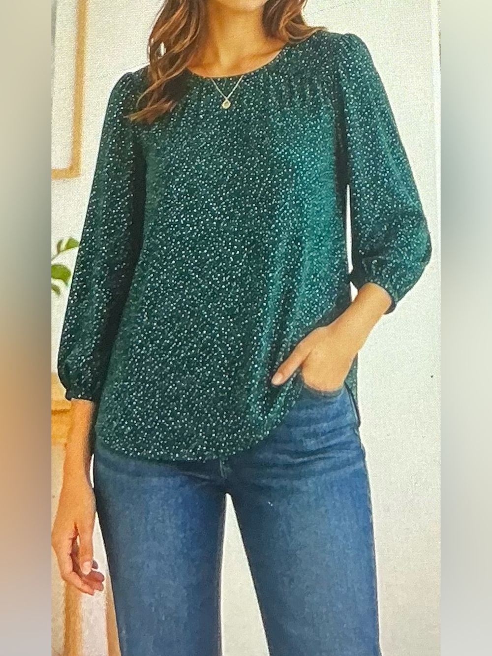 ADRIANNA PAPELL TEAL SMOCKED SHOULDER BLOUSE POLKA DOT KEYHOLE BACK (M)